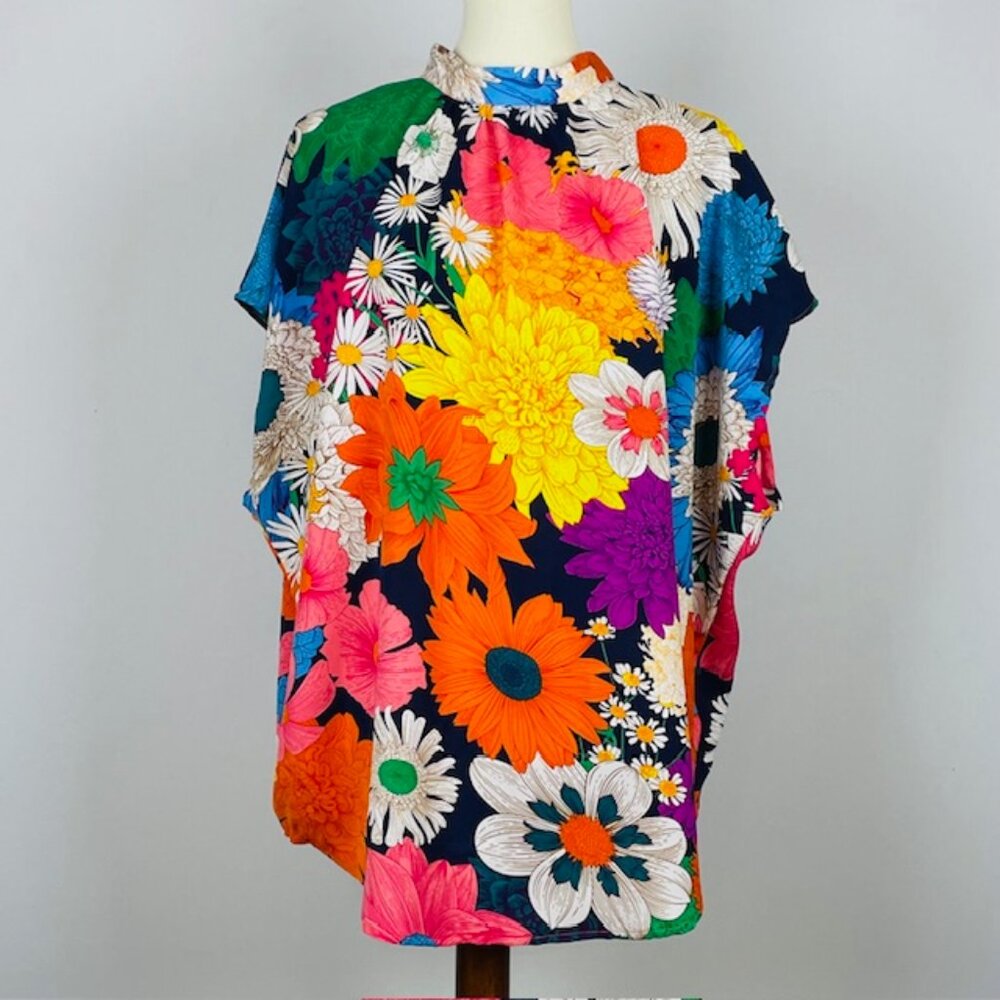 Shein Curve Floral Cap Sleeve Top Sz 2X Tie Neck Bloomcore Bold Artsy Office
